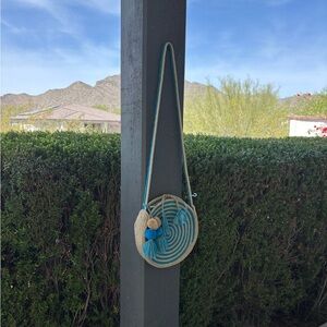 Striped Round Woven Crossbody jute Bag with Tassels